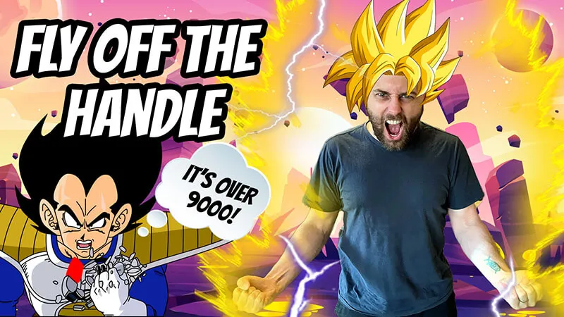 cover image of expression episode fly off the handle from aussie english podcast with pete going super saiyan like a dragon ball z character and vegeta saying 