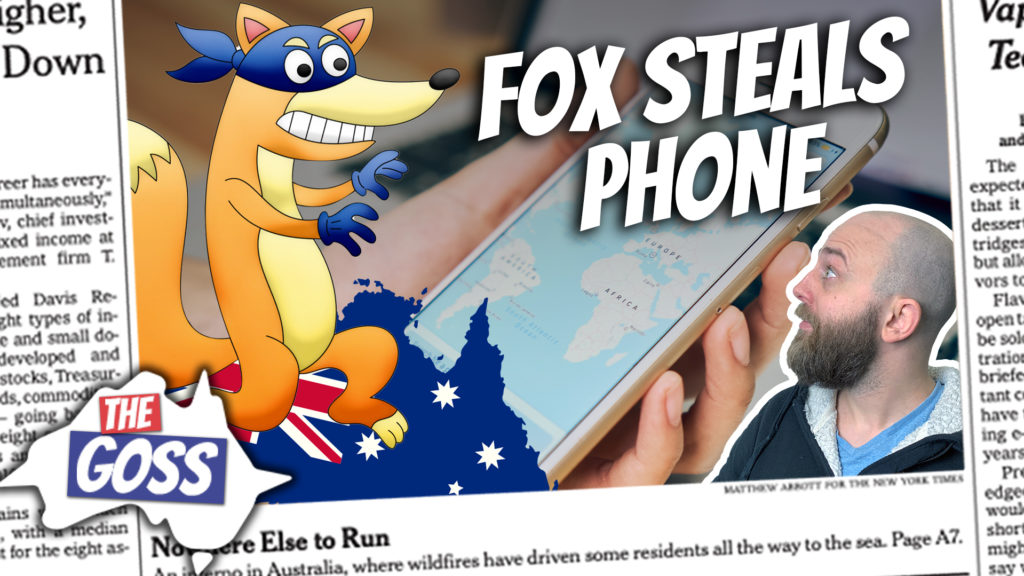 pete smissen, host of aussie english podcast, talks to ian smissen father, the goss australia, ian smissen, fox steals man phone north haven beach, funny fox steals man's phone