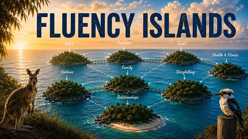 ae 1417, Australian English, learn English podcast, fluency tips, ESL speaking practice, Fluency Islands, second language acquisition, English small talk, Australian slang, stop translating in your head, English for migrants, How to become fluent in English fast, why do I freeze when speaking English, Australian English listening practice, building speaking confidence in English