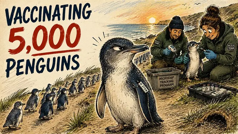 ae 1432, little penguins Phillip Island, H5N1 bird flu Australia, wild animal vaccination, Phillip Island penguin colony, how to vaccinate wild penguins, H5N1 threat to native Australian birds, bird flu outbreak Victoria Australia, protecting wild penguins from bird flu, Five Minute News podcast, Aussie English news episode, worst case scenario expression meaning, pete smissen